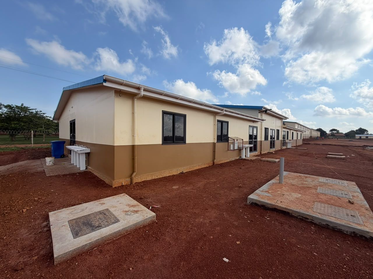 Dining hall: completed single-storey steel-frame building